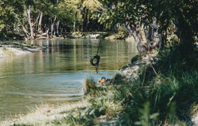 A boy swimming in a lake.