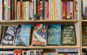 Close up of modern fiction for sale at Bay Hills Books in Timaru, New Zealand.