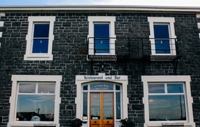 Stone exterior of the hotel.