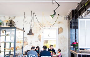 Hanging lights inside the cafe.