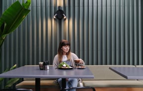 Woman about to take a sip of coffee.