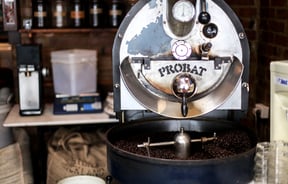 Silver metal coffee roaster in Mazagran Espresso Bar,