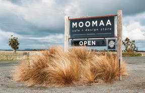 The street sign directing people to MOOMAA Cafe and Design Store in Rangitikei.