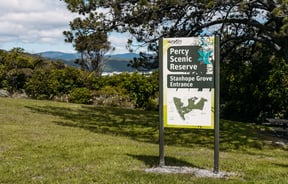 Sign on top of hill for Percy Scenic Reserve