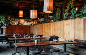 The wood and green interior of The Sherwood Queenstown.