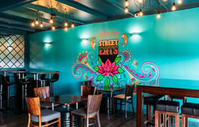 Dining room and bright colourful options at Street Eats.