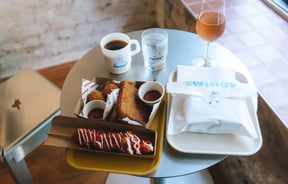 Birds eye view of food and coffee from Swings.