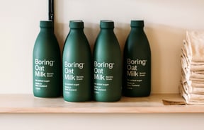 Boring Oat Milk on display on shelf at The Oatery, Wellington.