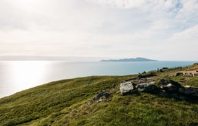 A view of the ocean from atop a hill.
