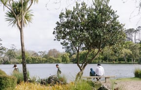 Kids and adults sitting and walking around a lake on a cloudy day.