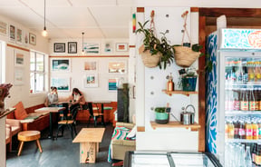 A bright and light cafe interior.