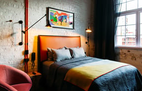 A colourful bedroom inside The Intrepid Hotel in Wellington.