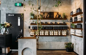 Interior of beauty store with shelves of skincare and plants hanging from ceiling