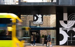 The black and white entrance to Willis Lane in Wellington.