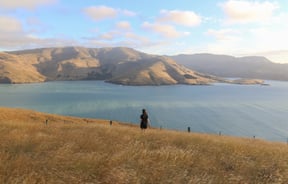 A woman walking on a hill with the ocean in the background.