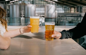 Two pints of Three Boys Brewery beers on the table.