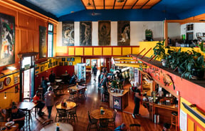 A brightly coloured cafe interior.
