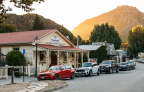 Little Arrowtown shops at sunset.
