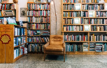 A comfy reading chair at Browsers Quality Secondhand Bookshop, Hamilton.