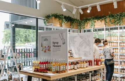 Barker's syrup bottles on display at Barker's Foodstore and Eatery, Geraldine.