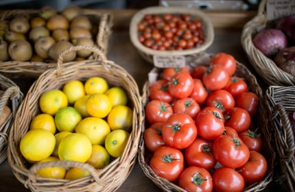 Close up of tomatoes and lemons at Harbour Co-op in Lyttelton.