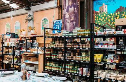 Italian food in jars on shelves at La Bella Italia.