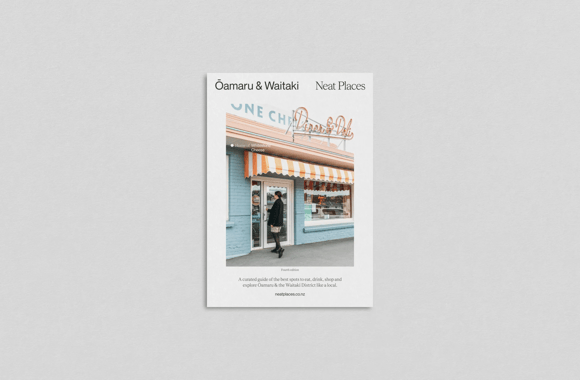 A photo of the front cover of the fourth edition of Neat Places Oamaru pocket guide.