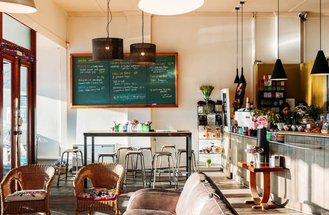 The bright cafe interior of The colourful interior of 103 The Store Roxburgh Central Otago.