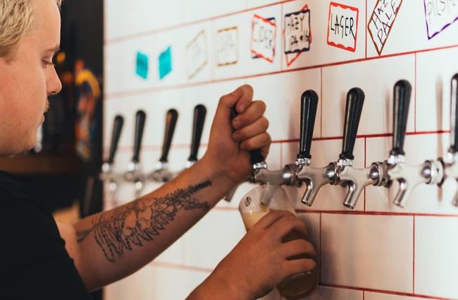 Bartender pulling a pint at Abandoned Taproom Petone.