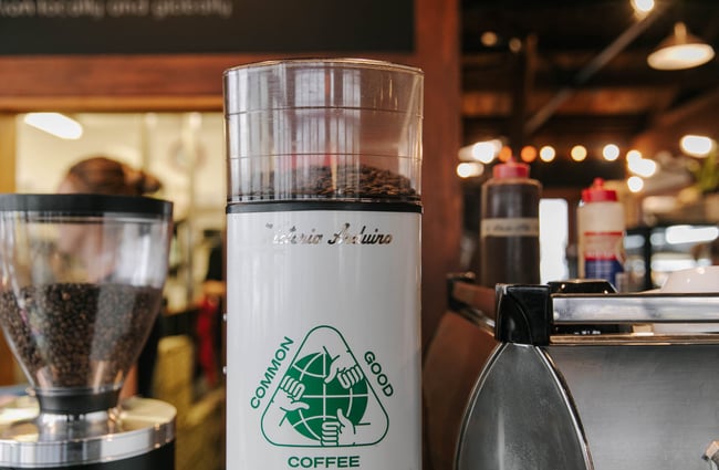 Coffee beans in the grinder at Addington Coffee Co-op in Christchurch.