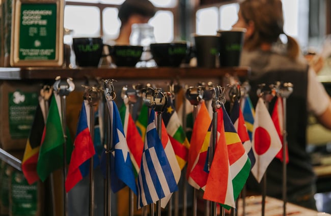 Flags at Addington Coffee Co-op in Christchurch.