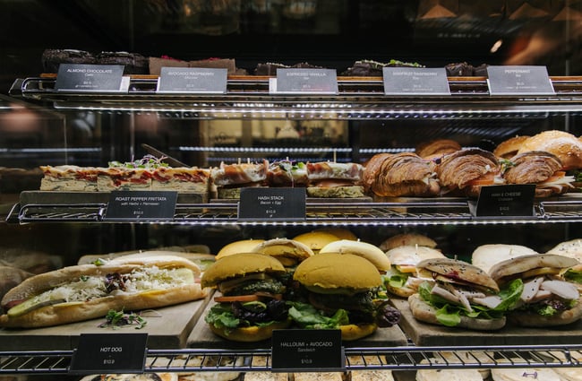 Sandwiches in the cabinet at Addington Coffee Co-op in Christchurch.
