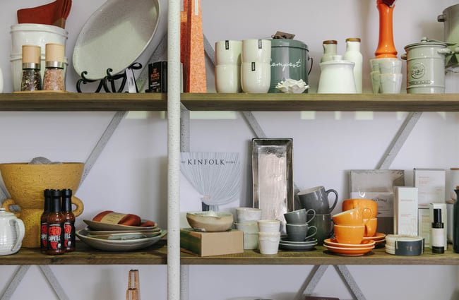 Shelves of homewares.