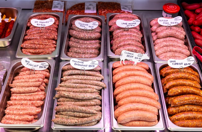 Specialty sausages made in-house and on show in the cabinet at Akaroa Butchery & Deli