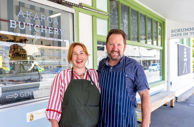 Portrait of Julia and T, owners of Akaroa Butchery & Deli