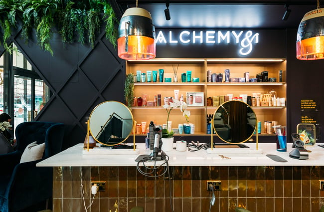 Close up of the brightly coloured blow-dry bar.