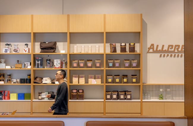 Bags of coffee beans on shelf at Allpress Auckland Roastery
