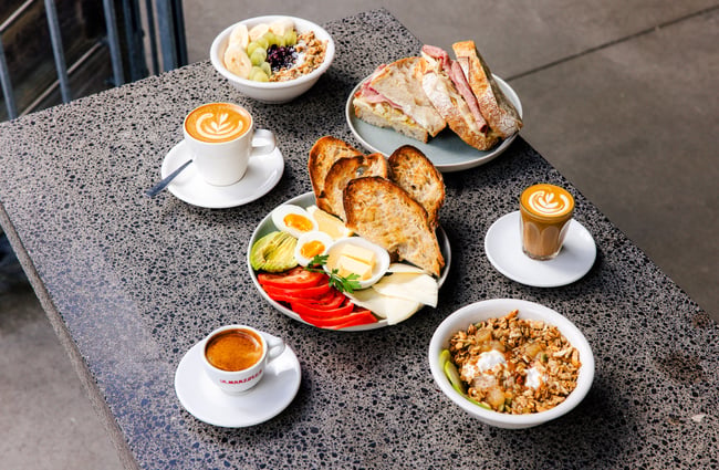 Selection of breakfast plates at Allpress Auckland Roastery