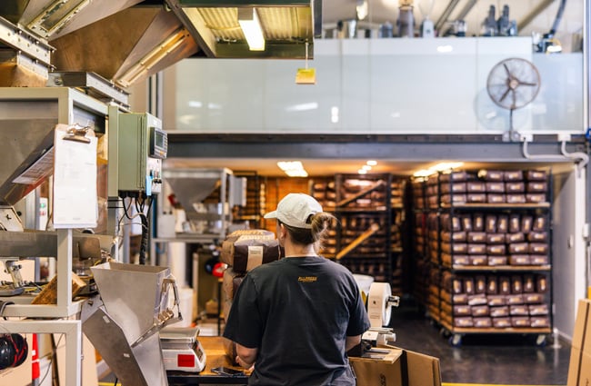 Staff member packing out back at Allpress Auckland Roastery