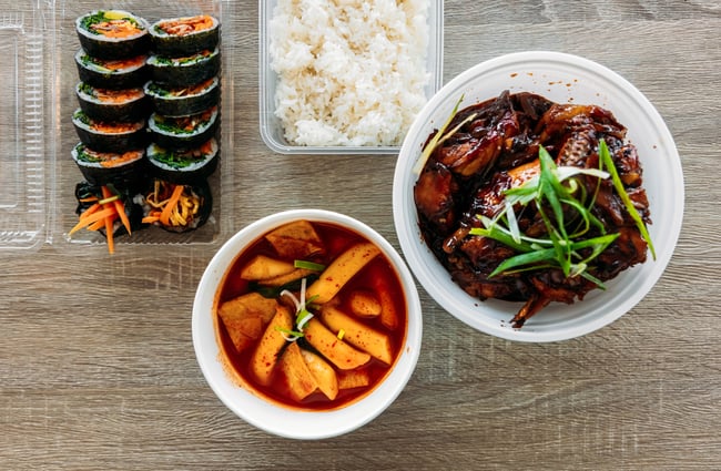 Food dishes at An Nyeong Ha Se Yo Korean Food Takeaway.