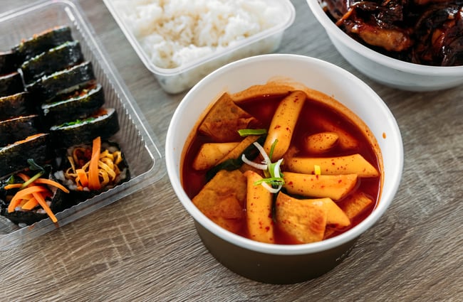 Closeup of food at An Nyeong Ha Se Yo Korean Food Takeaway.