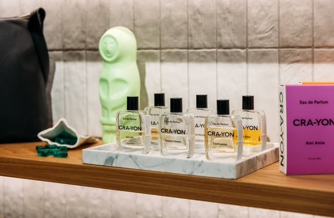 Perfume on display on a table.
