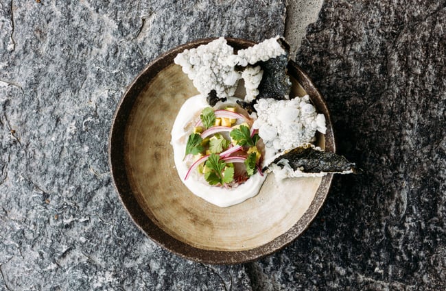 Birds eye image of a kokoda dish with seaweed at arc, Wānaka.