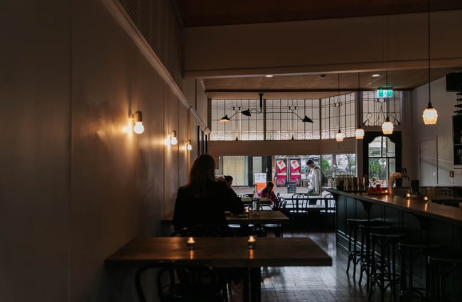 Looking down the bar with ambient lighting at Arden.