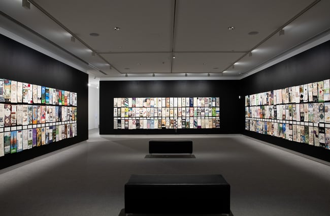 An exhibition inside a dark room at Ashburton Art Gallery and Museum.