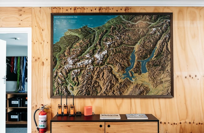 Map on the wall in the reception area at Aspiring Guides.