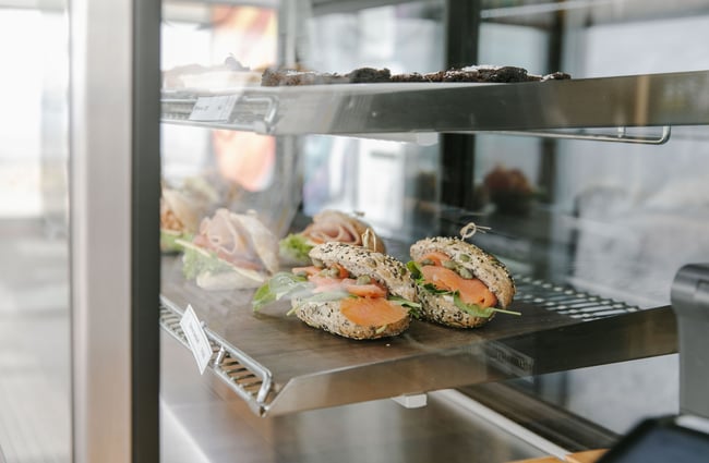 Smoked salmon sandwich in the cabinet at Astro Cafe, Tekapo.