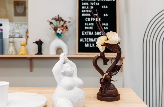 Chocolate sculptures on a counter.
