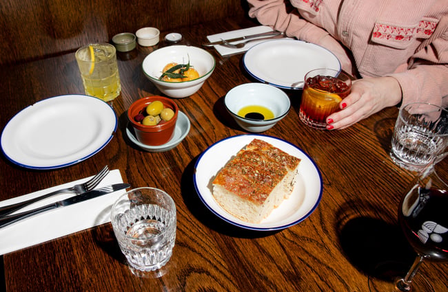 Focaccia and olives on the table at Bar Franco.