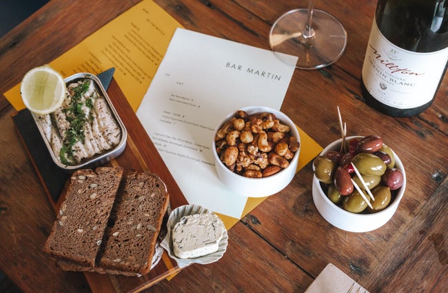 Close up of olives, nuts, bread and pilchards from Bar Martin, Auckland.